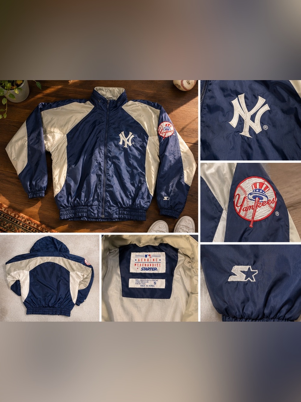 VINTAGE 90’s STARTER Navy and Light Gray New York Yankees Hooded Windbreaker